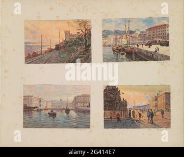 Fotoproduktion von (vermutlich) einer Zeichnung eines Kais in einer Stadt. Teil des Albums mit Fotos von Eisenbahnen in Niederländisch-Indien und Postkarten. Stockfoto
