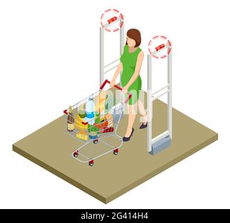 Isometrisches Diebstahlsicherungssystem. EAS-Diebstahlsicherungs-Sensorklappe. Diebstahlschutztore für den Innenbereich. Verhindern von Ladendiebstahl am Scannerglas. Kunden-Shopping-Store Stock Vektor