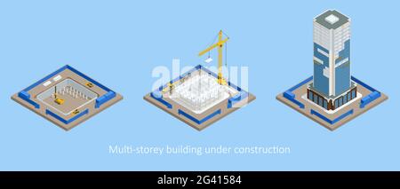 Isometrischer Skyscraper-Konstruktionsprozess. Bau Kran, mehrstöckiges Gebäude im Bau. Stock Vektor