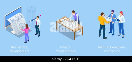 Isometrisches Bauprojektmanagement, architektonische Projektplanung, Entwicklung und Genehmigung. Schema der Haus-, Ingenieur-Industrie. Konstruktion Stock Vektor