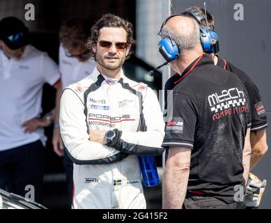 Prinz Carl Philip fährt am 18. Juni 2021 den Porsche Carrera Cup Scandinavia in Anderstorp, Schweden. Foto von Johan Valkonen/Stella Picturs/ABACAPRESS.COM Stockfoto