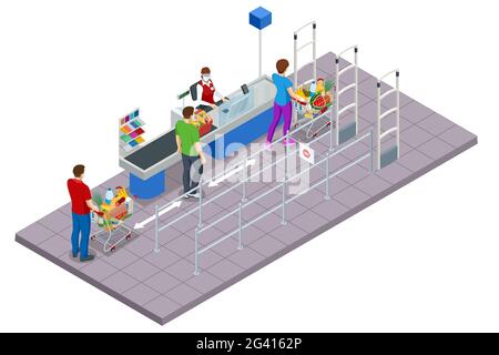 Isometrische Reihe von Kassen, Kasse, in einem großen Supermarkt. Menschen mit Warenkörben und Warenkörben, die an der Kasse Schlange stehen Stock Vektor