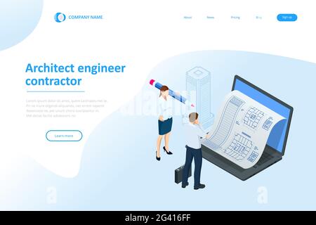 Isometrisches Bauprojektmanagement, architektonische Projektplanung, Entwicklung und Genehmigung – Webbanner oder Landing Page. Schema des Hauses Stock Vektor