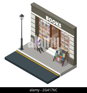 Isometrische Buchhandlung Fassade in flachem Stil isoliert auf weißem Hintergrund. Bücher, Wissenschaft, Wissen. StoreFront und ein Regal mit Büchern. Stock Vektor