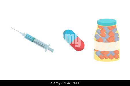 Spritze, medizinische Pillen und pharmakologische Medikamente, Antibiotika-Vektor-Illustration isoliert auf weißem Hintergrund Stockfoto