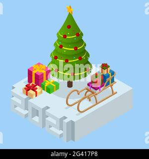 Isometrisches Neujahr 2021 und Weihnachtsbaum. Weihnachten und Neujahr Hintergrund. Stock Vektor