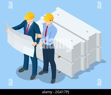 Isometrische Bauingenieure und Bauherren in gelben Sicherheitshelmen auf der Baustelle mit Architekturplan. Entwicklung Des Geschäftsplans. Stock Vektor