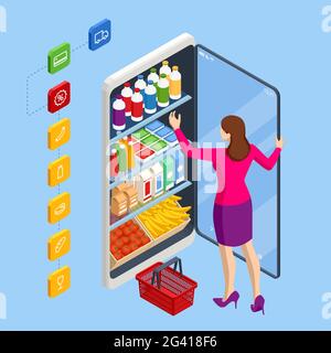 Isometrischer Supermarkt, Lebensmittel und Essen Online-Kauf und Lieferung. E-Commerce-Konzept bestellen Lebensmittel Online-Website. Gesundheit Lieferung von Lebensmitteln online Stock Vektor