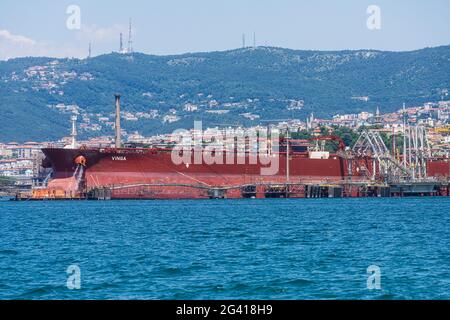 Triest, Italien. 13. Juni 2021. Ein Panoramablick auf Schiffe, die im Hafen festgemacht sind Stockfoto