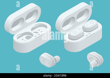 Weiße kabellose Kopfhörer und Gehäuse auf weißem Hintergrund isoliert. Bluetooth-Kopfhörer im isometrischen Design. Bluetooth-Kopfhörer für Audiowiedergabe Stock Vektor