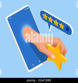 Isometrisches Online-Kundenfeedback oder -Feedback. Bewertung von Kundenservice und Benutzererfahrung. Online-Umfrage zur Kundenzufriedenheit, zur Wahlentscheidung Stock Vektor