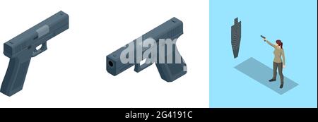 Isometrische Frau, die ein Handgewehr auf einen Bereich der Innenpistole abfeuert. Shooter übt taktisches Schießen in einem modernen Indoor-Schießstand. Stock Vektor