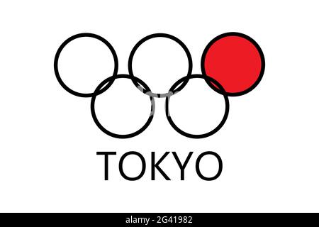 Ringe, roter Kreis, Inschrift Tokyo isoliert auf weißem Hintergrund. Sportspiele. Willkommen in Japan. Sommerolympiade Stock Vektor