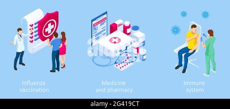 Isometrische Impfung und Immunisierung, Impfzeit, medizinische Online-Beratung, medizinisches Rezepturkonzept. Medizinbranche. Stock Vektor