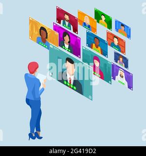 Isometrische Videokonferenz. Gruppenvideokonferenz Für Unternehmen. Online Meeting Arbeit von zu Hause aus. Heimbüro. Remote-Projektmanagement. Multiethnisch Stock Vektor