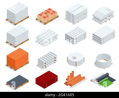 Symbole für isometrische Bauprodukte. Ferrobeton, Betonelemente, Rohre, Eisendach, Zement, Beton und Ziegel Stock Vektor