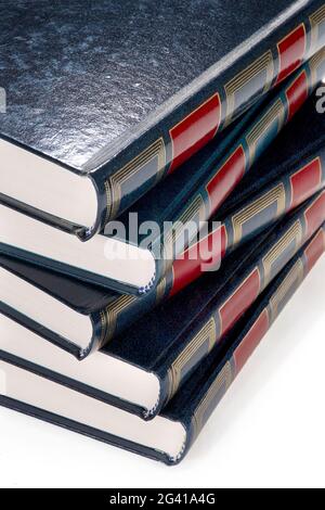 Stapel von Büchern, fünf übereinander platzierte Bücher, Detail der Buchdornen, isoliert auf weißem Hintergrund Stockfoto
