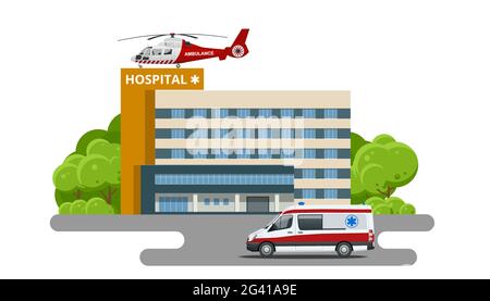 Krankenhausgebäude, Krankenwagen und roter medizinischer Evakuierungshubschrauber. Rettungshubschrauber. Gesundheitswesen, Krankenhaus und medizinische Diagnostik. Stock Vektor