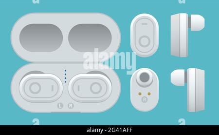 Weiße kabellose Kopfhörer und Gehäuse auf weißem Hintergrund isoliert. Bluetooth-Kopfhörer in flachem Design. Bluetooth-Kopfhörer für Audiowiedergabe Stock Vektor