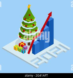 Isometrisches Neujahr 2021 und Weihnachtsbaum. Weihnachten und Neujahr Hintergrund. Stock Vektor