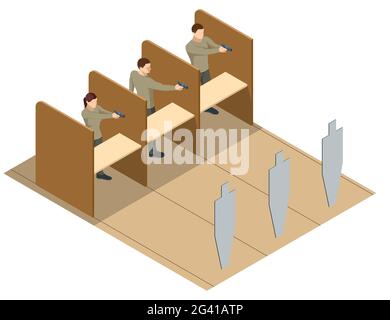 Isometrische Männer zielen mit der Pistole auf das Ziel im Innen- oder Schießbereich. Shooters üben taktisches Schießen in einem modernen Indoor-Waffenbereich. Stock Vektor
