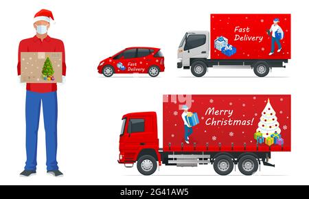Kurier in einer Gesichtsmaske mit einer Schachtel in den Händen. Lieferung von Waren während der Prävention von Coronovirus, Covid-19. Set von Lastkraftwagen Seitenansicht und Stock Vektor