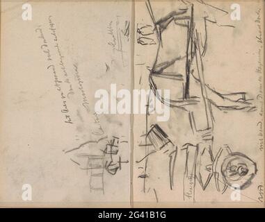 Pferdekutsche auf dem Dam-Platz in Amsterdam. Auf dem Höhepunkt des Tabakhandels P.G.C. Der Damm 16. Seite 31 und Seite 32 aus einem Skizzenbuch mit 46 Blättern. Stockfoto