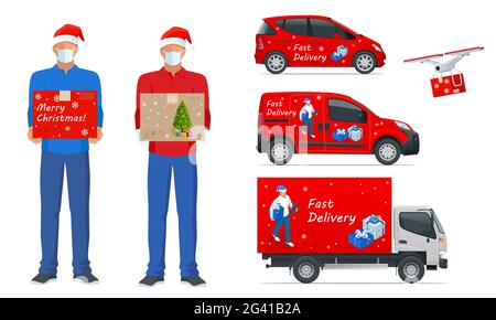 Kurier in einer Gesichtsmaske mit einer Schachtel in den Händen. Lieferung von Waren während der Prävention von Coronovirus, Covid-19. Set von Lastkraftwagen Seitenansicht und Stock Vektor