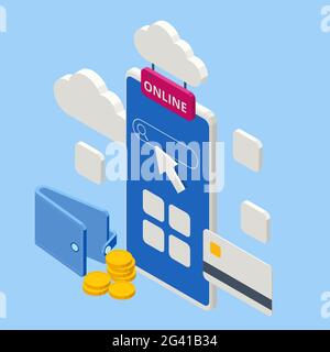 Isometrisches Online-Shopping-Geschäft mit Handy, Kreditkarten und Shop-Elementen. Online-Shopping auf der Website. Werbebanner oder Werbeaktion Stock Vektor