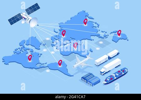 Isometrisches globales Logistiknetzwerkkonzept. Frachtversand. Satellit verfolgt die Bewegung des Güterverkehrs. See- und Luftfracht Stock Vektor