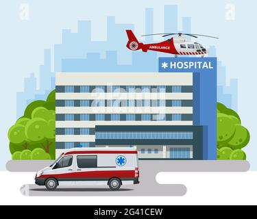 Krankenhausgebäude, Krankenwagen und roter medizinischer Evakuierungshubschrauber. Rettungshubschrauber. Gesundheitswesen, Krankenhaus und medizinische Diagnostik. Stock Vektor