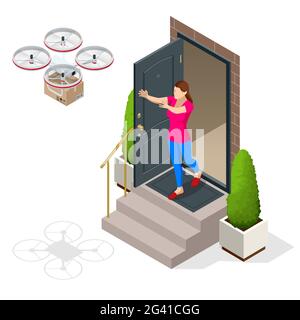 Isometrische Drohnenlieferung. Quadcopter, der ein Paket zum Kunden trägt. Lieferung einer Kartondrohne durch Luft isoliert auf weißem Hintergrund. Stock Vektor