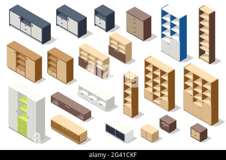 Isometrischer Satz verschiedener stilvoller Kommoden und moderner, auf Weiß isolierter Kleiderschränke. Möbel für den Kleiderschrank Stock Vektor