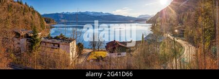 Panoramablick von Urfeld nach Walchensee, Bayern, Deutschland Stockfoto