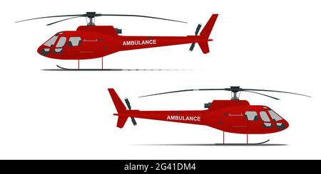 Seitenansicht des Rettungshubschraubers auf einem isolierten weißen Hintergrund. Roter medizinischer Evakuierungshubschrauber. Rettungshubschrauber. Gesundheitswesen, Krankenhaus und Medizin Stock Vektor