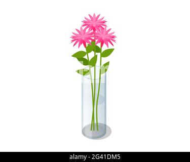 Isometrischer rosa Blumenstrauß in transparenter Glasvase isoliert auf weißem Hintergrund Stock Vektor