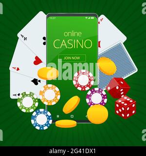 Internet-Poker-Spiel. Poker-Karten, Chips Spiel Elemente. Online Casino Glücksspiel Konzept. Stock Vektor