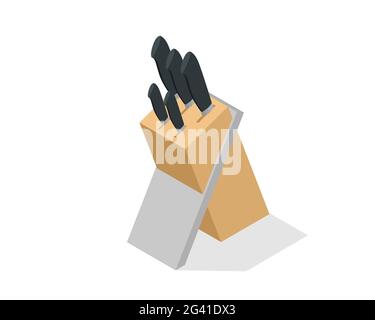 Isometrische Messer im Holzblock isoliert auf weißem Hintergrund. Küchenmesser-Set mit Block, Edelstahl Chefmesser-Set mit Schärfer, Steak Stock Vektor