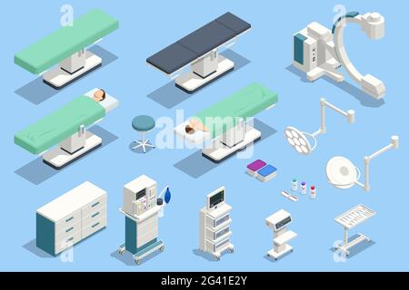 Isometrische Symbole Satz von Geräten und medizinischen Geräten im modernen Operationssaal. Medizinische Geräte für die Neurochirurgie. Stock Vektor
