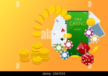 Internet-Poker-Spiel. Poker-Karten, Chips Spiel Elemente. Online Casino Glücksspiel Konzept. Stock Vektor
