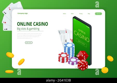 Isometrisches Poker Casino. Casino-Pokerturnier. Einladung zur Pokerparty. Vorlage für Web-Landing-Page. Stock Vektor