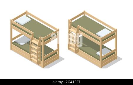 Isometrisches Interieur des Kinderzimmers oder Hostelzimmers mit Etagenbett. Das Etagenbett mit Bettwäsche isoliert auf dem weißen Hintergrund. Stock Vektor