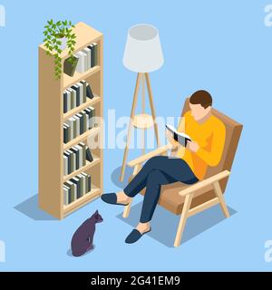 Isometrischer Mann, der zu Hause auf einem Stuhl sitzt und ein Buch liest. Wissens-, Lern- und Bildungskonzept Stock Vektor