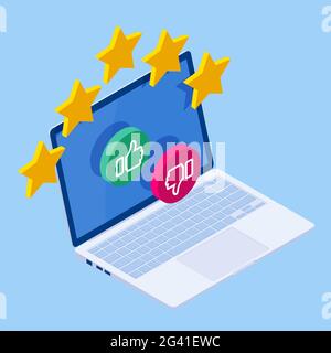 Isometrisches Kundenreview- oder Feedback-Konzept. Online-Umfrage zur Kundenzufriedenheit, zur Wahlentscheidung, zur Produktentwicklungsforschung. Bewertung ein Stock Vektor