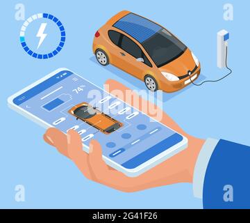 Isometrisches Konzept der Ladung von Elektrofahrzeugen, mobile Anwendung für das Lademanagement. Smartphone-Schnittstelle für Car Fuel Manager. Stock Vektor