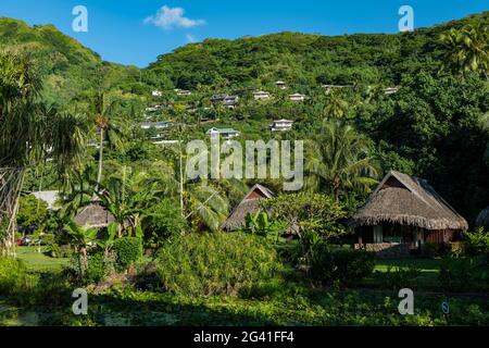 Gartenbungalows des Sofitel Ia Ora Beach Resort mit Häusern am Berghang, Moorea, Windward Islands, Französisch-Polynesien, Südpazifik Stockfoto