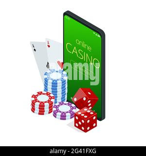 Internet-Poker-Spiel. Poker-Karten, Chips Spiel Elemente. Isometrisches Online Casino Glücksspiel Konzept. Stock Vektor