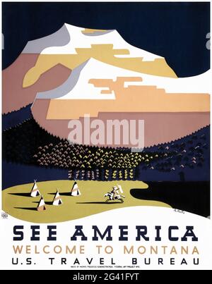 Siehe Amerika. Willkommen in Montana von Richard Halls (1906-1976). Restauriertes Vintage-Poster, das zwischen 1936 und 1938 in den USA veröffentlicht wurde. Stockfoto