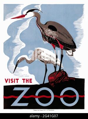 Besuchen Sie das Zoo WPA-Poster. Künstler unbekannt. Restauriertes Vintage-Poster, das 1936 in den USA veröffentlicht wurde. Stockfoto