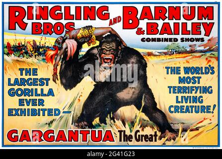 Ringling Bros und Barnum & Bailey kombinierten Shows. Gargantua der große. Künstler unbekannt. Restauriertes Vintage-Poster, das 1938 in den USA veröffentlicht wurde. Stockfoto